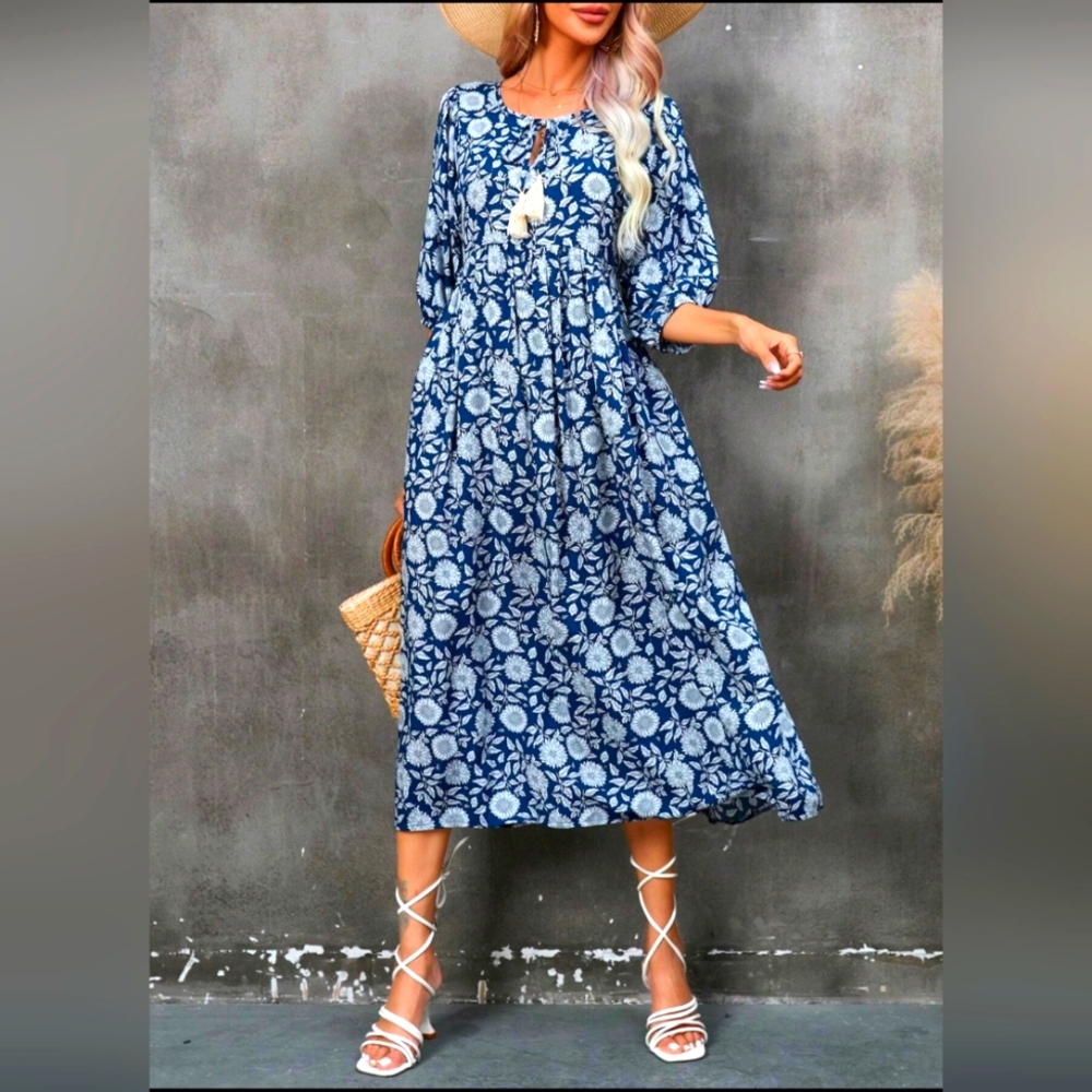 SHEIN Women V-Neck Loose Half Sleeve Bohemian Beach Vacation Casual Beach Dress